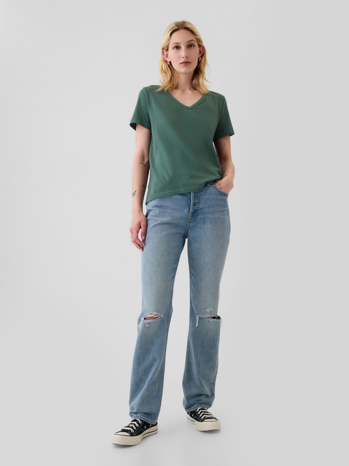 Πράσινη Vintage V-Neck Μπλούζα από Οργανικό Βαμβάκι-740140074