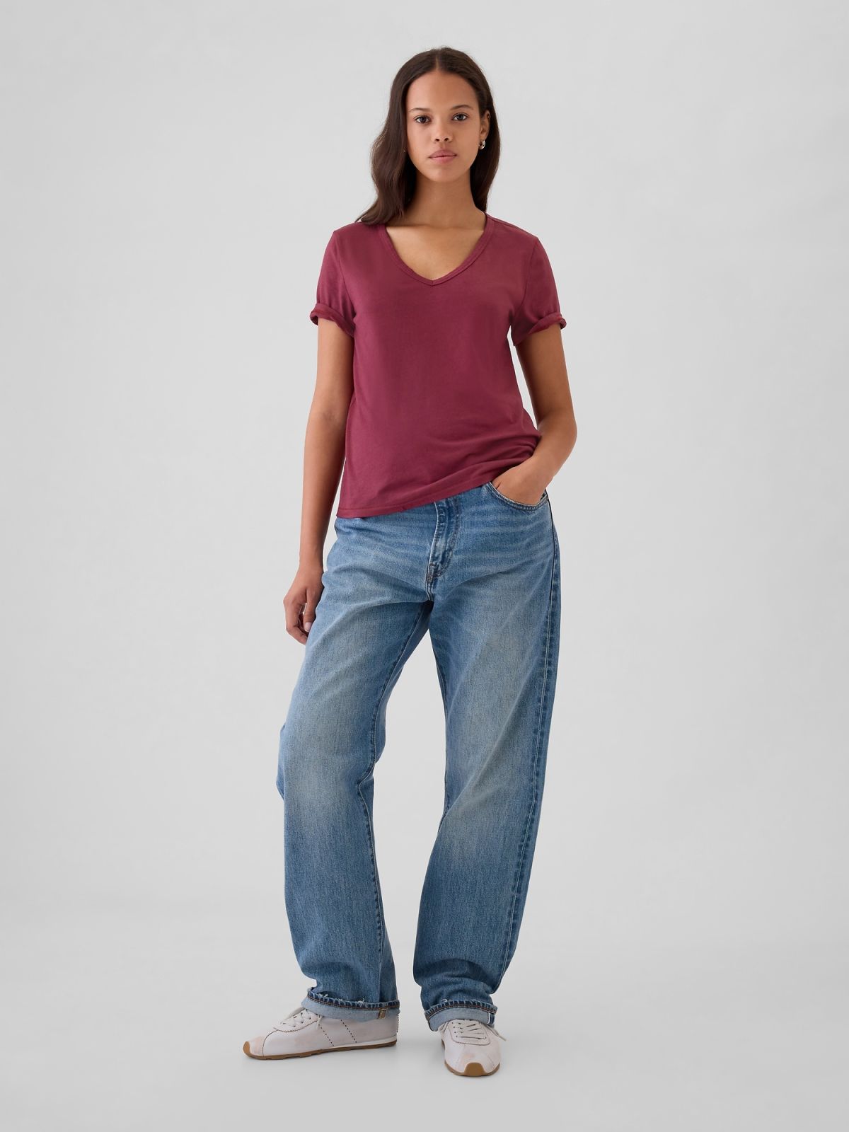 Κόκκινη Vintage V-Neck Μπλούζα από Οργανικό Βαμβάκι-740140072