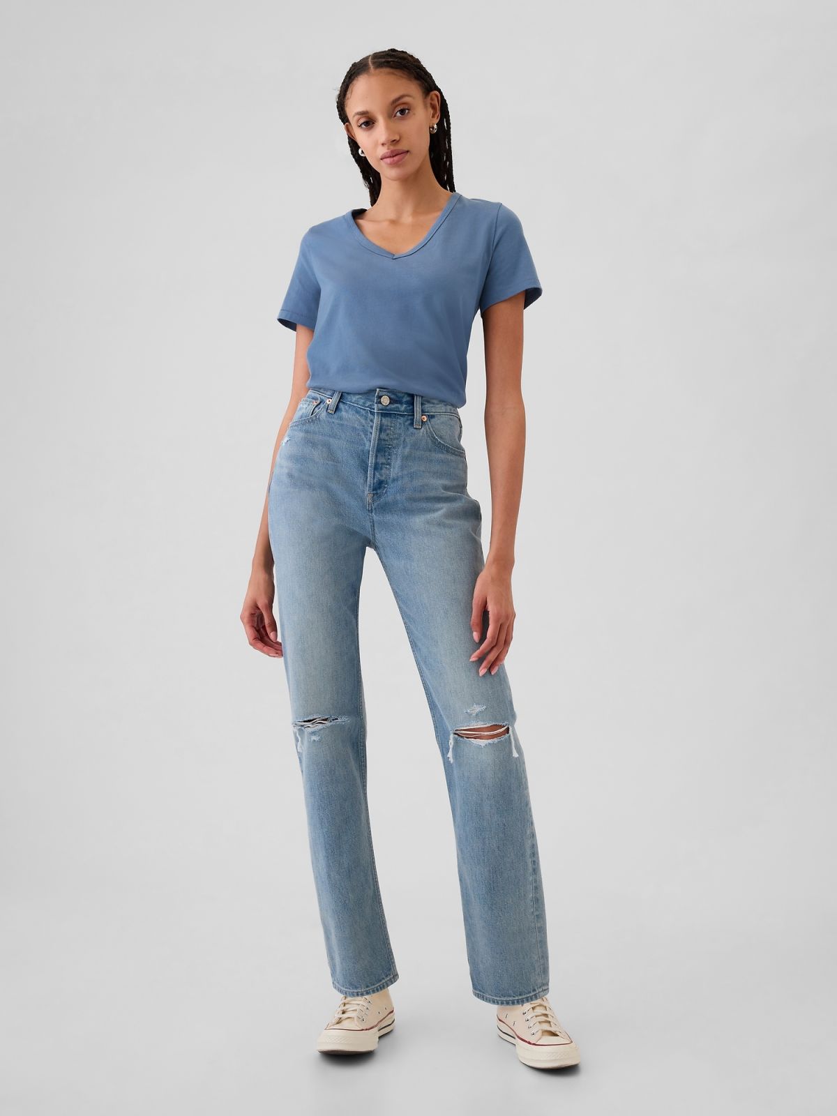 Μπλε Vintage V-Neck Μπλούζα από Οργανικό Βαμβάκι-740140073