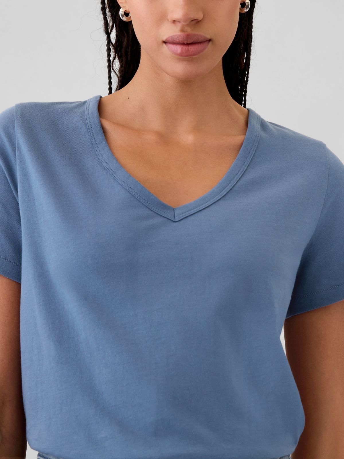 Μπλε Vintage V-Neck Μπλούζα από Οργανικό Βαμβάκι-740140073