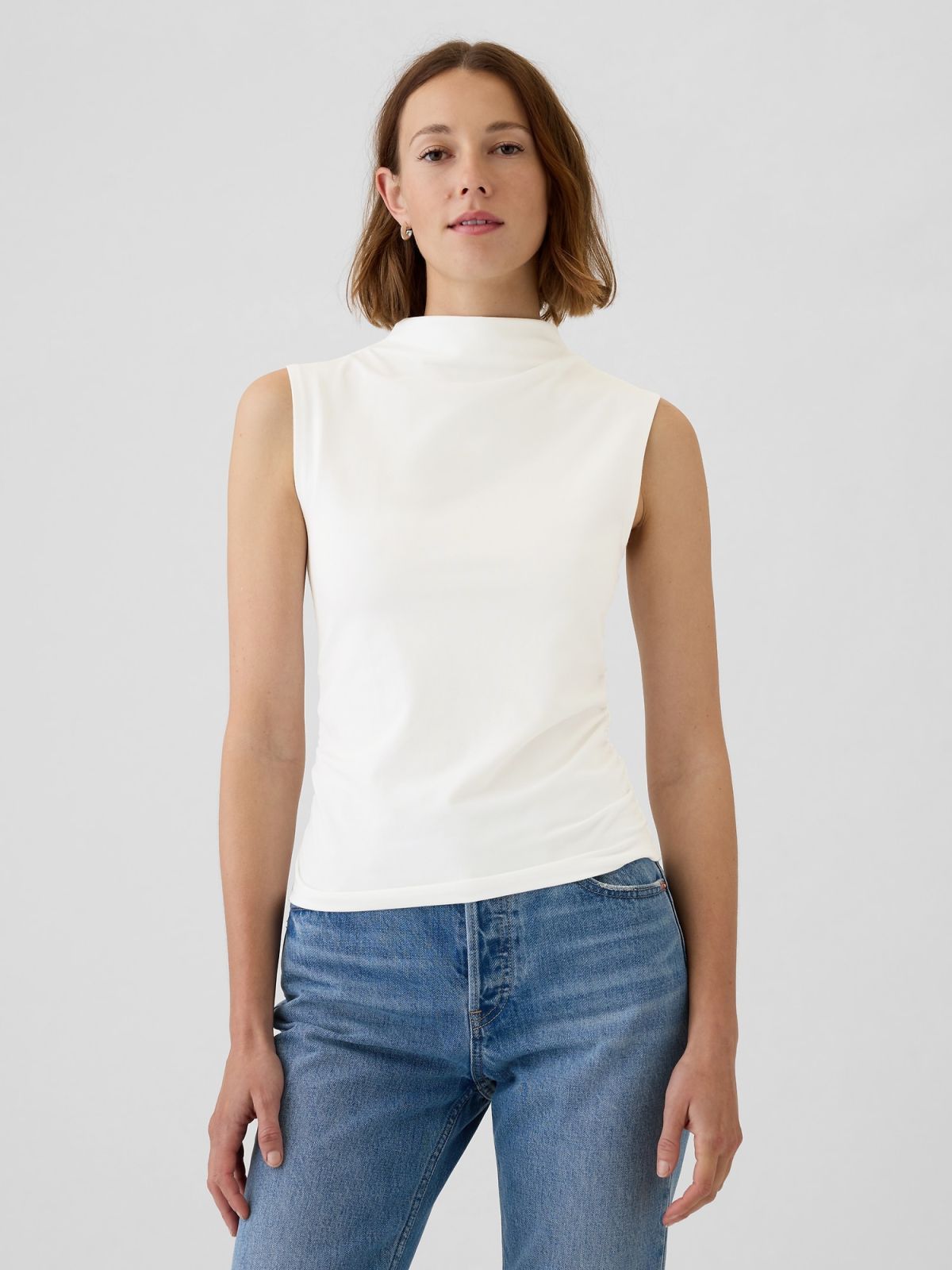 Modern Funnel-Neck Ruched Tank Top-521686001