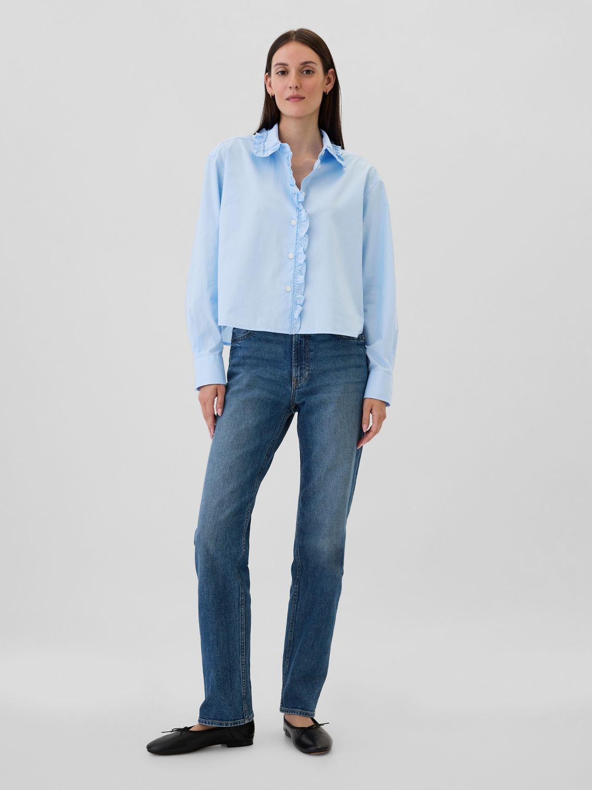 Κλασσικό Cropped Ποπλίνα Πουκάμισο με Βολάν.-543938000