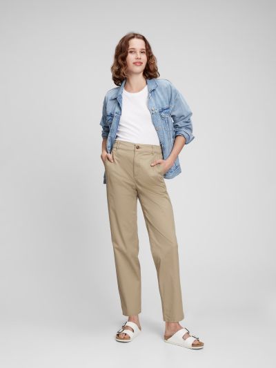 Μπεζ High Rise Girlfriend Khaki Παντελόνι με Washwell-819959001