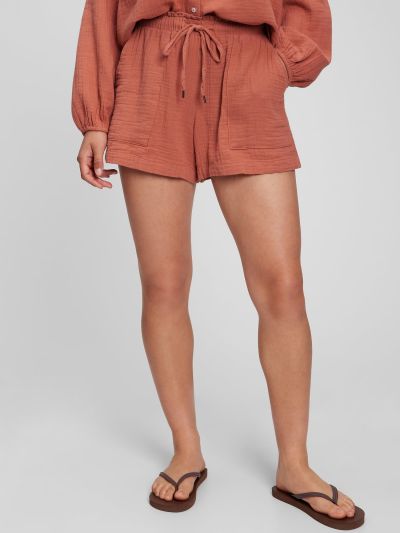 Καφέ Crinkle Gauze High Rise Pull-On Σορτς-866324003
