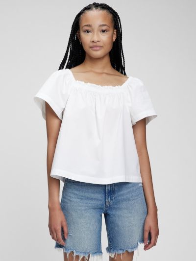 Άσπρη Flutter Sleeve Μπλούζα-856855002