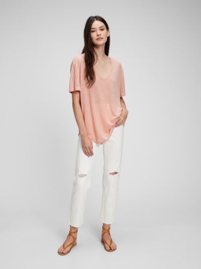 Ροζ Λινή V-Neck Μπλούζα-799892012