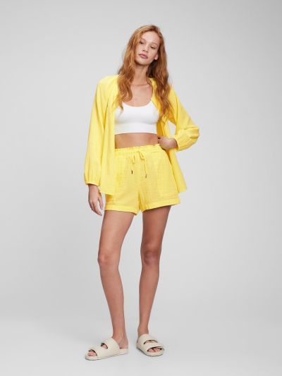 Κίτρινο Crinkle Gauze High Rise Pull-On Σορτς-866324006