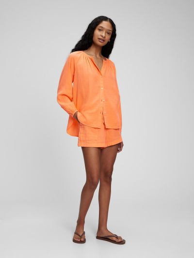 Πορτοκαλί Crinkle Gauze Boatneck Button-Front Μπλούζα-856907003