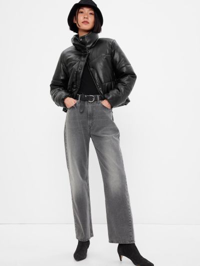 Μαύρο Big Puff Faux-Leather Cropped Μπουφάν-486399000