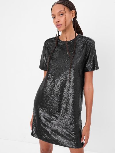 Μαύρο Ανακυκλωμένο Sequin T-Shirt Mini Φόρεμα-484513001