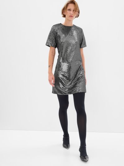 Γκρι Ανακυκλωμένο Sequin T-Shirt Mini Φόρεμα-484513000