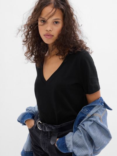 Μαύρη Vintage V-Neck Μπλούζα από Οργανικό Βαμβάκι-740140003