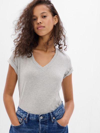 Γκρι Vintage V-Neck Μπλούζα από Οργανικό Βαμβάκι-740140001