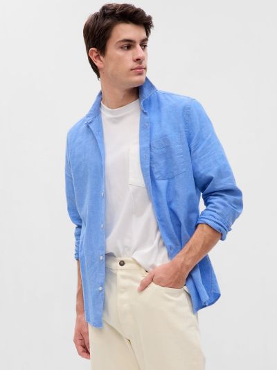 Μπλε Linen-Cotton Πουκάμισο-585726001