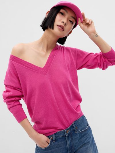 Ροζ Linen-Blend V-Neck Πουλόβερ-592240003