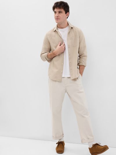 Μπεζ Linen-Cotton Πουκάμισο-585726008