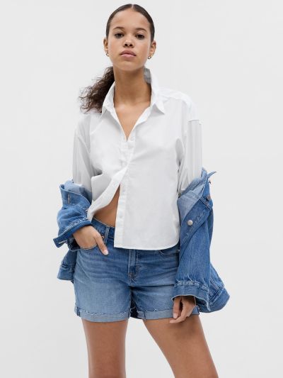 Μπλε 5ίντσες Mid Rise Denim Girlfriend Σορτς με Washwell-570596002