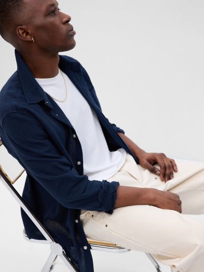 Μπλε Linen-Cotton Πουκάμισο-585726007