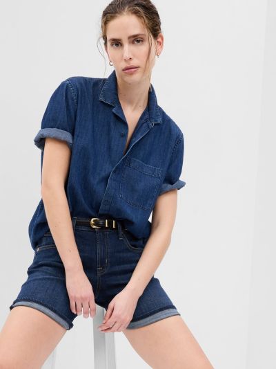 Μπλε 5ίντσες Mid Rise Girlfriend Σορτς με Washwell-570611000