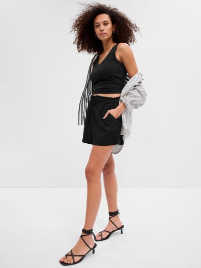 Μαύρο 4" Mid Rise Λινό Pull-On Σορτς-614795001