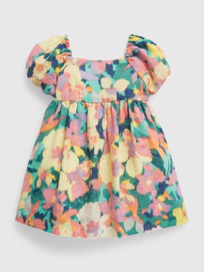 Multi Βρεφικό Linen-Cotton Puff Sleeve Φλοράλ Φόρεμα-600701000