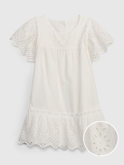 Άσπρο Νηπιακό Tiered Eyelet Φόρεμα-602066000
