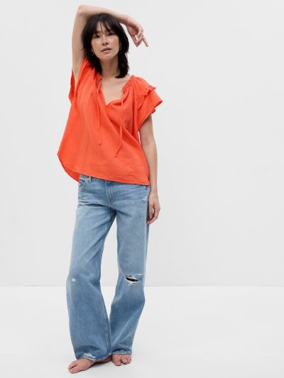 Πορτοκαλί Crinkle Gauze Flutter Sleeve Τοπ-591956000