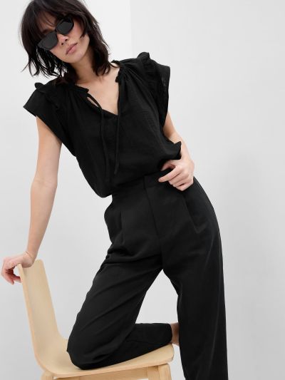 Μαύρο Crinkle Gauze Flutter Sleeve Τοπ-591956001