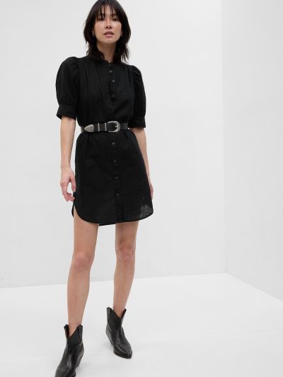 Μαύρο Puff Sleeve Linen-Cotton Πουκάμισο Φόρεμα-594740001