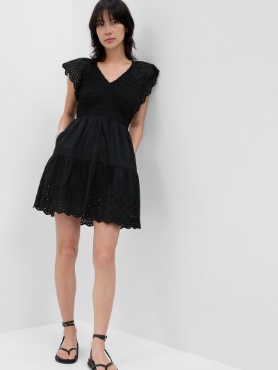 Μαύρο Flutter Sleeve Eyelet Mini Φόρεμα-549188001