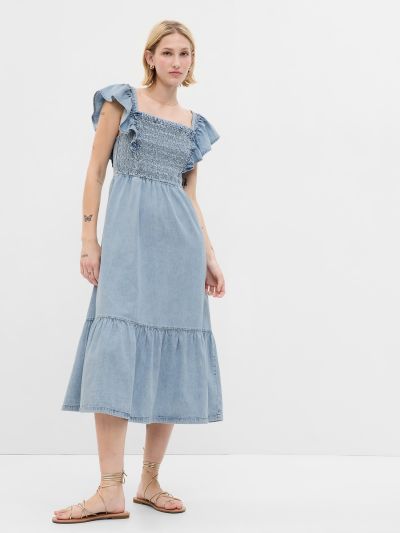 Μπλε Smocked Flutter Sleeve Denim Midi Φόρεμα με Washwell-570194000