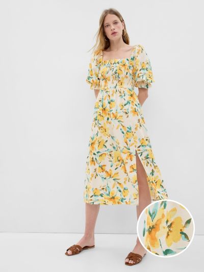 Κίτρινο Linen-Blend Puff Sleeve Midi Φόρεμα-549216001