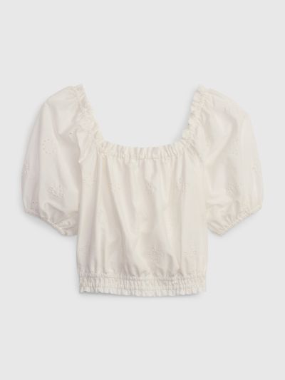Άσπρο Παιδικό Linen-Cotton Puff Sleeve Τοπ-601092001