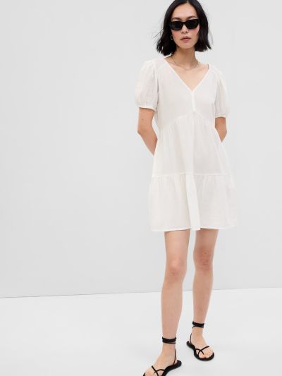Άσπρο Crinkle Gauze Puff Sleeve Tiered Mini Φόρεμα-595209000