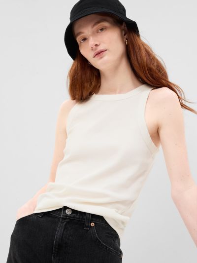 Άσπρο Rib Halter Αμάνικο Τοπ-540641005