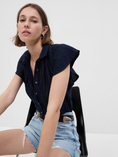 Μπλε Crinkle Gauze Metallic Stripe Dolman Πουκάμισο-665286002