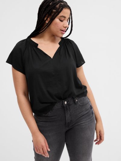 Μαύρο Splitneck Flutter Sleeve Τοπ-663040002
