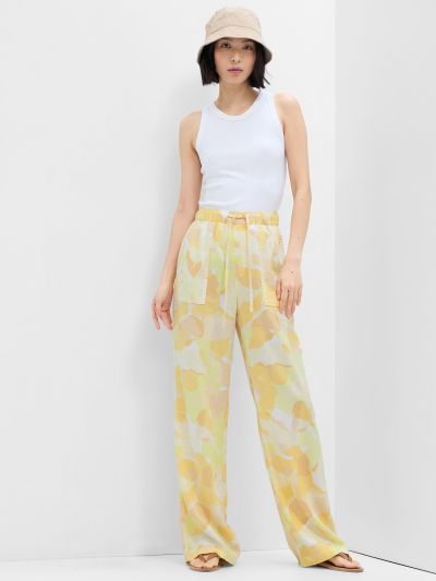Κίτρινο Wide-Leg Print Λινό Παντελόνι-662886000