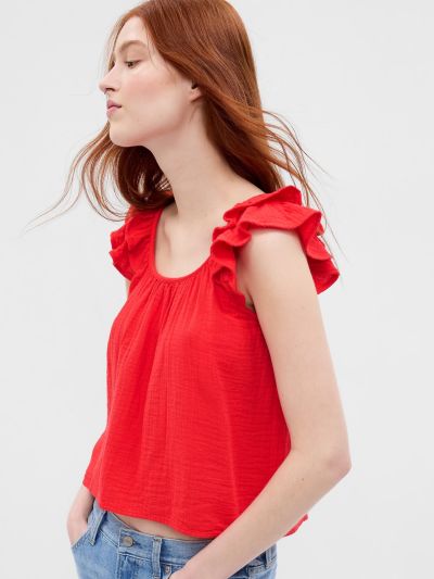 Crinkle Gauze Ruffle Tank Top-665299003