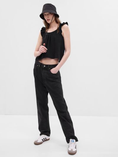 Μαύρη Crinkle Gauze Ruffle Αμάνικη Μπλούζα-665299001