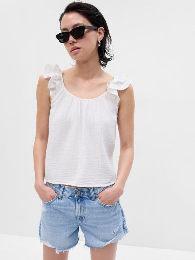 Άσπρη Crinkle Gauze Ruffle Αμάνικη Μπλούζα-665299000