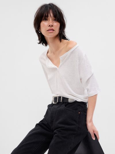 Άσπρη Linen-Blend Henley Μπλούζα-627493004
