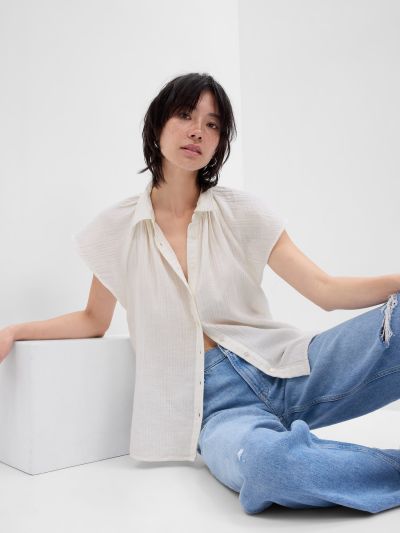 Άσπρο Crinkle Gauze Metallic Stripe Dolman Πουκάμισο-665286003