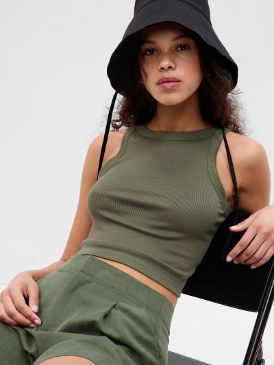 Πράσινο Mini Rib Cropped Halter Αμάνικο Τοπ-627301000