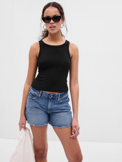 Μαύρο Mini Rib Cropped Halter Αμάνικο Τοπ-627301004