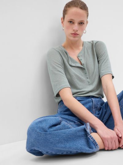 Πράσινη Linen-Blend Henley Μπλούζα-627493005