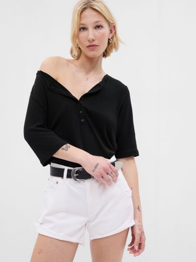 Μαύρη Linen-Blend Henley Μπλούζα-627493000