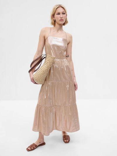 Χρυσό Metallic Tie-Back Tiered Maxi Φόρεμα-665897000