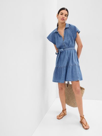 Μπλε 100% Οργανικό Βαμβάκι Denim Flutter Sleeve Mini Πουκάμισο Φόρεμα-654887000