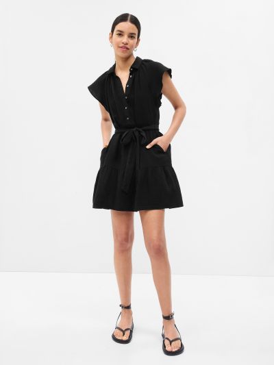 Μαύρο Crinkle Gauze Flutter Sleeve Mini Πουκάμισο Φόρεμα-665886001